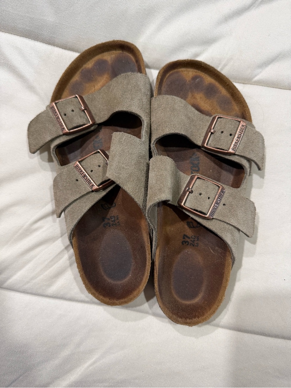 Birkenstock Taupe Suede Two-Strap Sandals with Copper Buckles